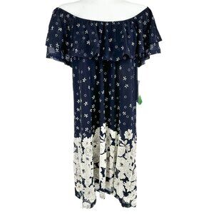 Siren Lily Dress Womens Petite Medium Navy White Floral Off Shoulder Lined NWT